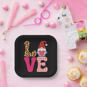 Love Gnome Valentines Day Red Buffalo Plaid Leopar Paper Plates