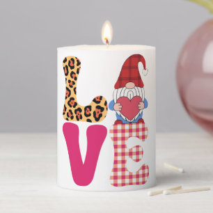 Love Gnome Valentines Day Red Buffalo Plaid Leopar Pillar Candle