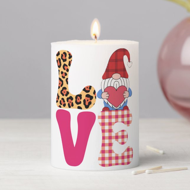 Love Gnome Valentines Day Red Buffalo Plaid Leopar Pillar Candle (In Situ)