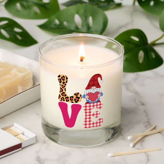 Love Gnome Valentines Day Red Buffalo Plaid Leopar Scented Candle (Lit)
