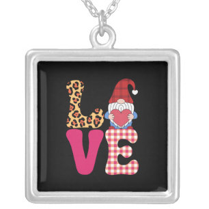 Love Gnome Valentines Day Red Buffalo Plaid Leopar Silver Plated Necklace