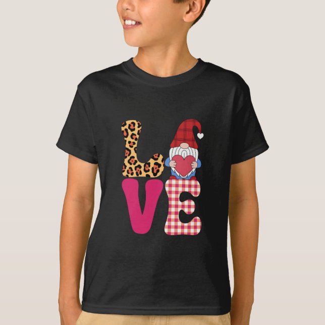 Love Gnome Valentines Day Red Buffalo Plaid Leopar T-Shirt (Front)