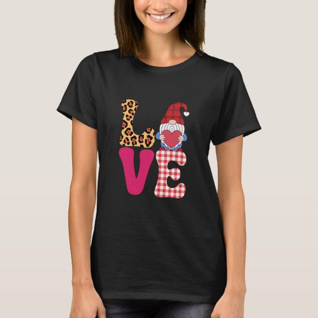Love Gnome Valentines Day Red Buffalo Plaid Leopar T-Shirt (Front)