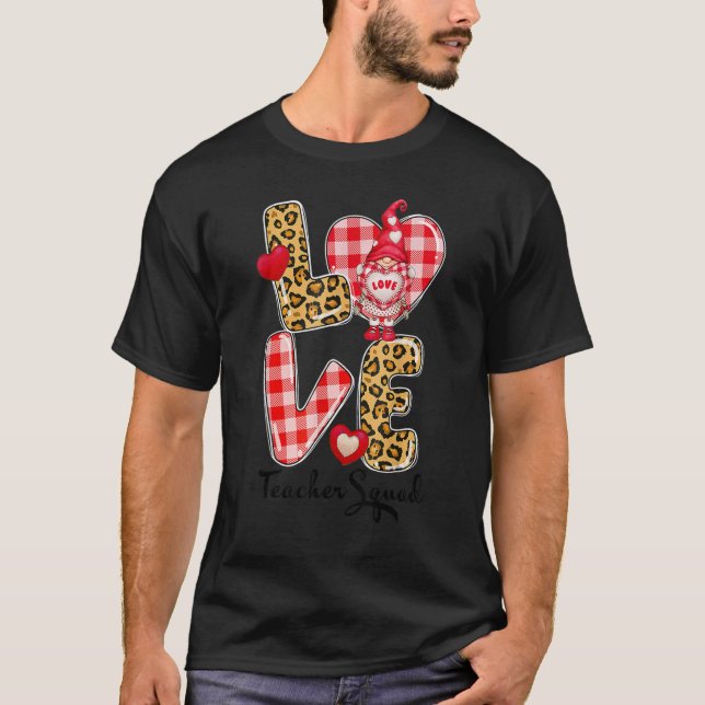 Love Gnome Valentines Day Red Buffalo Plaid Leopar T-Shirt (Front)