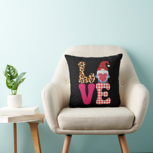 Love Gnome Valentines Day Red Buffalo Plaid Leopar Throw Pillow