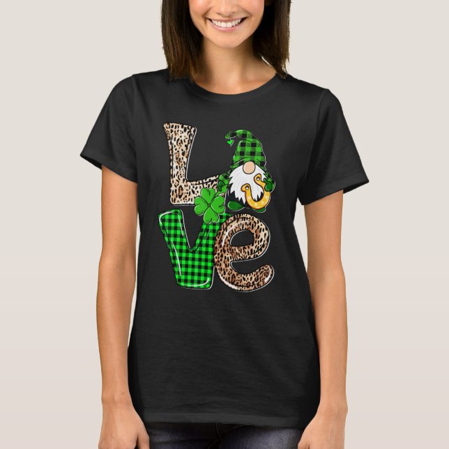 LOVE Gnomes Leopard Plaid Irish St Patricks Day Gi T-Shirt (Front)