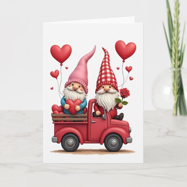 Love Gnomes Red Truck Valentines Card (Front)