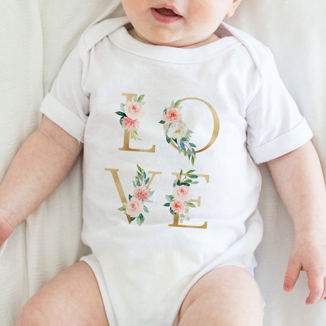LOVE  gold and blush floral alphabetical Baby Bodysuit (Creator Uploaded)