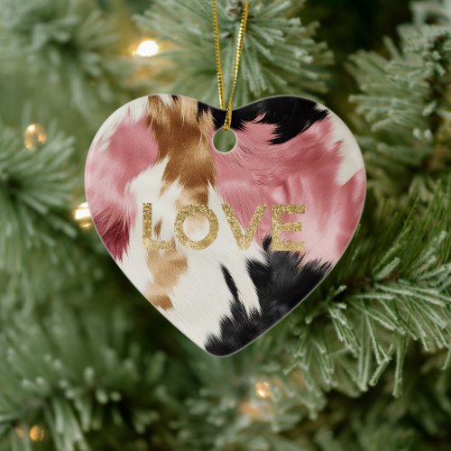 Love Gold Cream Pink Black Cowgirl Cowhide  Ceramic Ornament