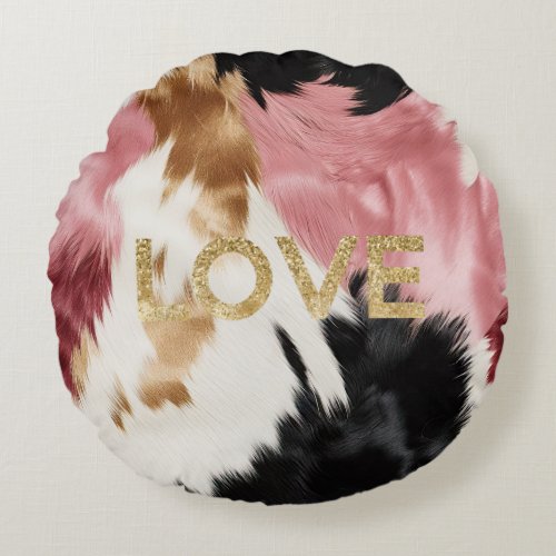 Love Gold Cream Pink Black Cowgirl Cowhide  Round Pillow