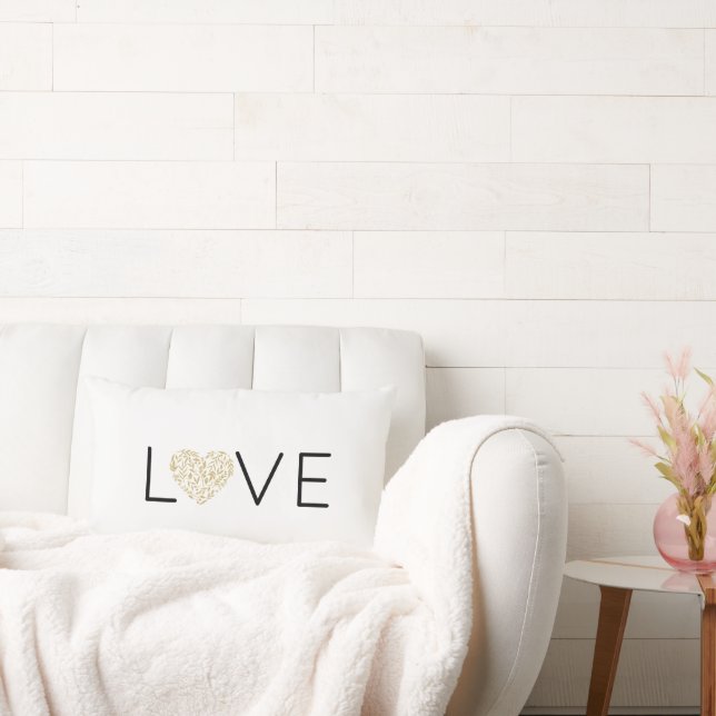LOVE Gold Floral Heart Typography Elegant Wedding  Lumbar Pillow (Couch)