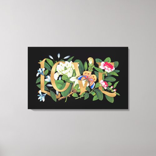 Love Gold Foil Text Colorful Floral Botanical Canvas Print