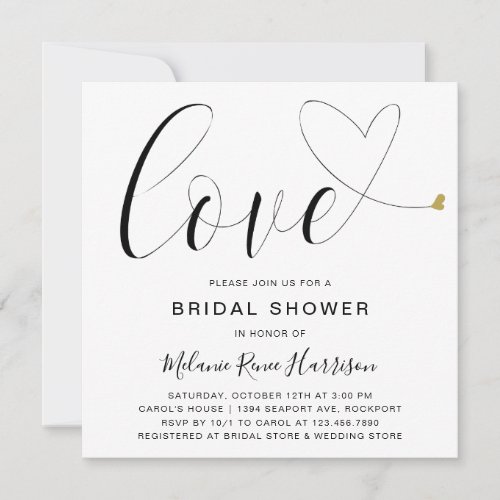 Love Gold Heart Black White Modern Bridal Shower Invitation
