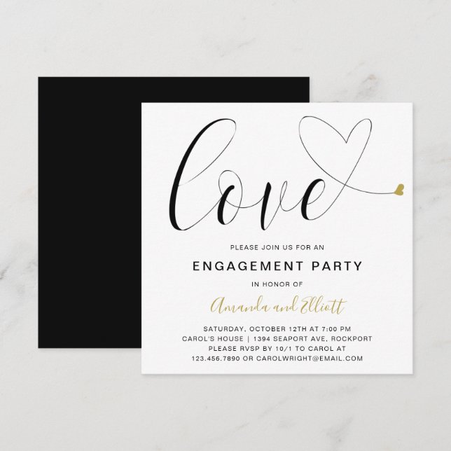 Love Gold Heart Modern Engagement Party Invitation (Front/Back)