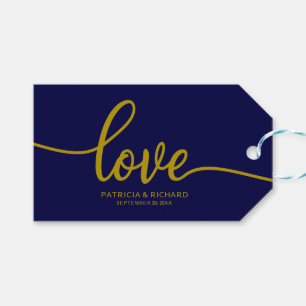 Love- Gold Navy Blue Calligraphy Wedding Favor Gift Tags
