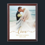 Love Gold Script Bride Groom Wedding Photo Plaque<br><div class="desc">Love Elegant Gold Script Bride Groom Wedding Photo</div>