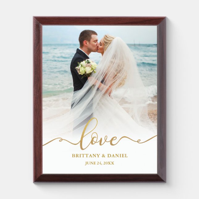 Love Gold Script Bride Groom Wedding Photo Plaque (Vertical)