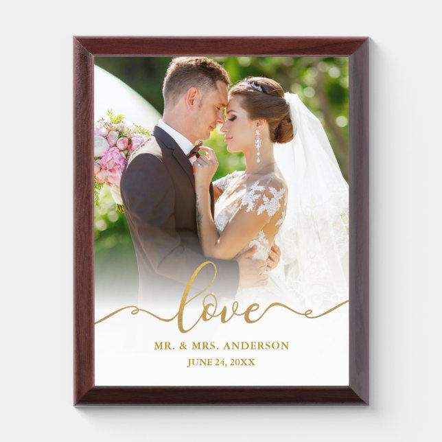 Love Gold Script Mr. and Mrs. Wedding Photo Plaque (Vertical)