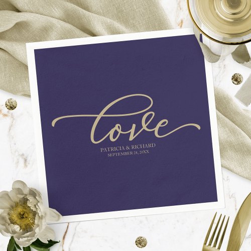 Love _ Gold Script Navy Blue Wedding Minimalist Napkins