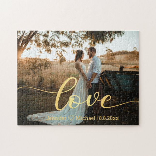 love, gold  script wedding anniversary photo jigsaw puzzle (Horizontal)