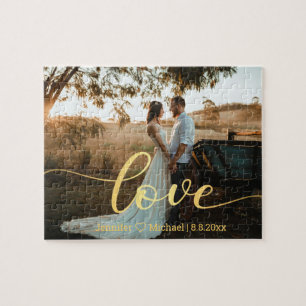 love, gold script wedding anniversary photo jigsaw puzzle