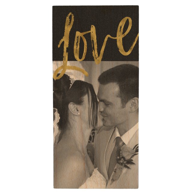 Love Gold Typography Wedding Photos USB Wood Flash Drive (Front Vertical)