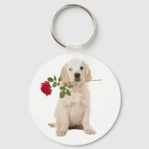Love Golden Retriever Puppy Dog Red Rose Keychain