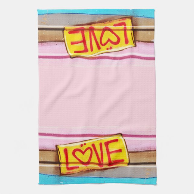 LOVE Graffiti dish towel, pink, tan & blue Kitchen Towel (Vertical)