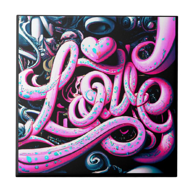 Love Graffiti Pink and Black        Ceramic Tile (Front)