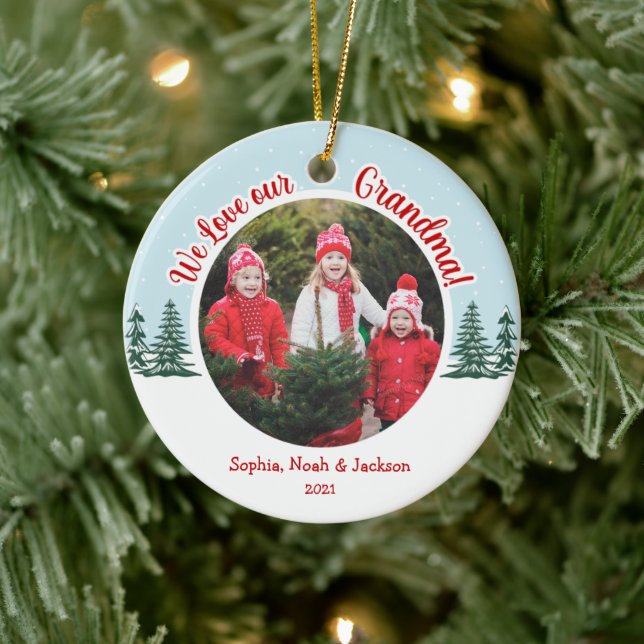 Love Grandma Christmas Tree Snow Photo Ceramic Ornament (Tree)