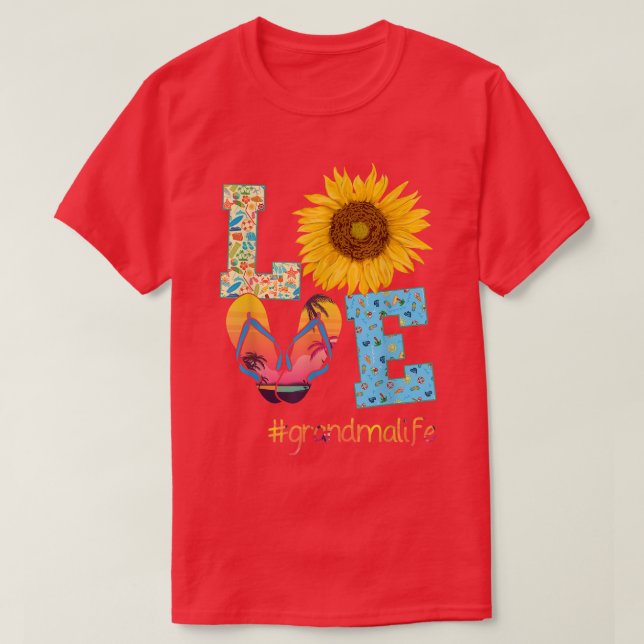 LOVE Grandma Life Flip Flops Sunflower Summer Moth T-Shirt (Design Front)