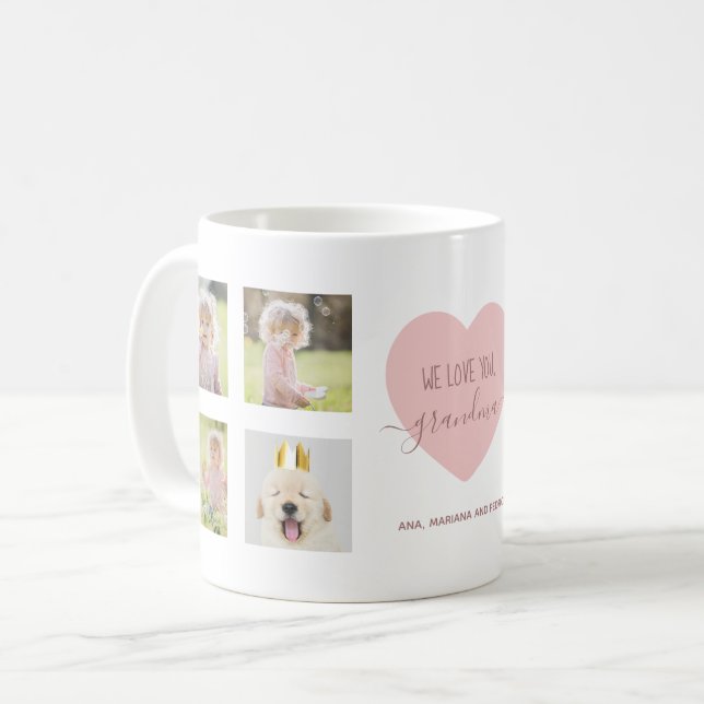 Love Grandma Photo Collage Pink Heart Script Cute Coffee Mug (Front Left)