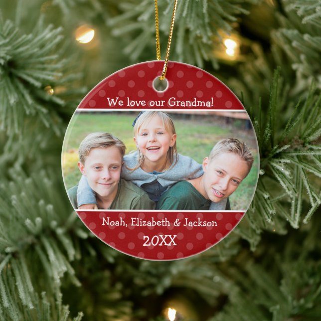 Love Grandma Red Polka Dot Christmas Photo Ceramic Ornament (Tree)