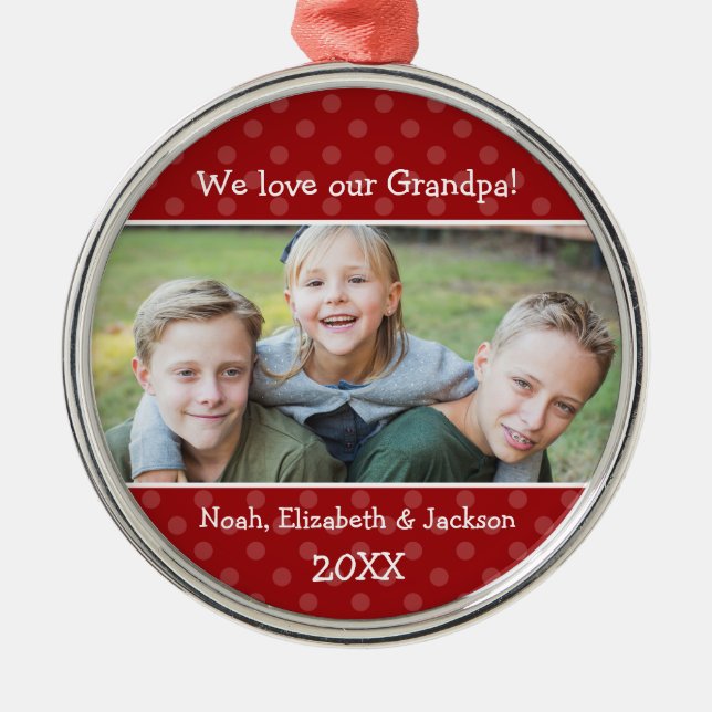 Love Grandpa Red Polka Dot Christmas Photo Metal Ornament (Front)