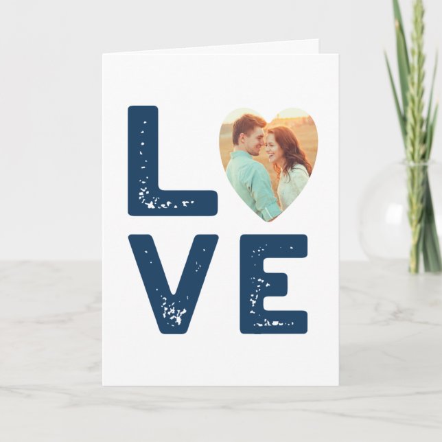 LOVE Graphic Minimalist Heart Shaped Photo Wedding Card (Front)
