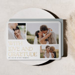 Love & Gratitude Gold Foil Wedding Thank You Card<br><div class="desc">Elegant wedding thank you cards feature a trio of wedding photos in organic rounded shapes for a modern boho look. "With love and gratitude" appears at the lower left corner in gold foil serif lettering,  with your names beneath. Add a personal message and signature to the back.</div>
