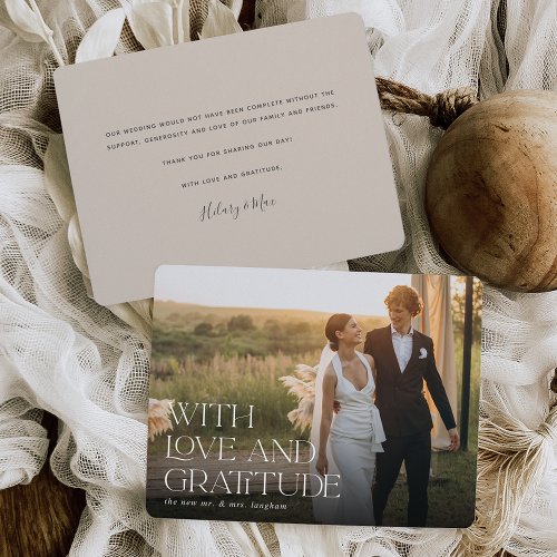 Love  Gratitude  Horizontal Wedding Photo Flat Thank You Card