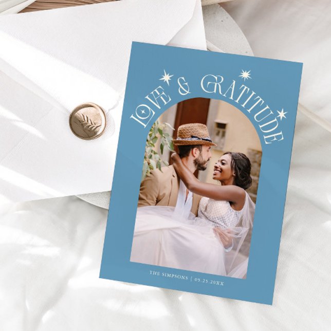 Love & Gratitude Minimal Wedding Photo Denim Blue Thank You Card (Creator Uploaded)