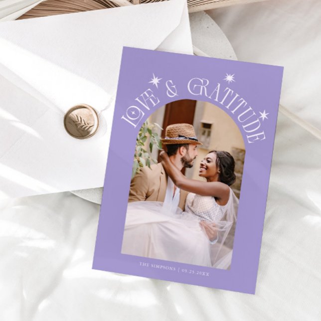 Love & Gratitude Minimal Wedding Photo Lilac Thank You Card (Creator Uploaded)