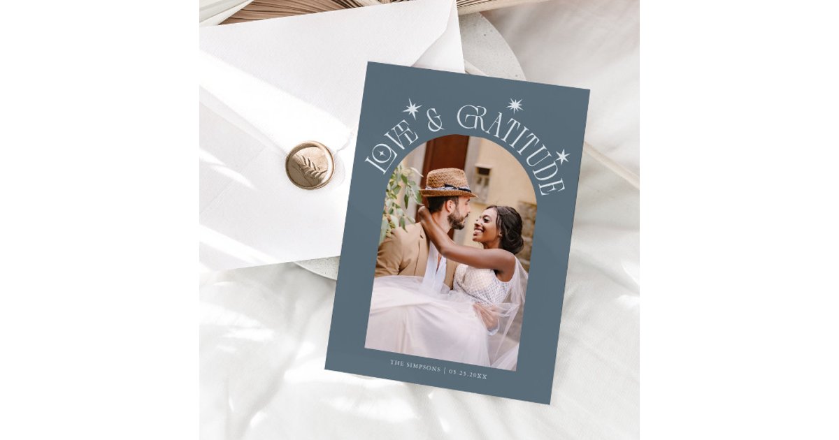 Love & Gratitude Minimal Wedding Photo Slate Blue Thank You Card | Zazzle