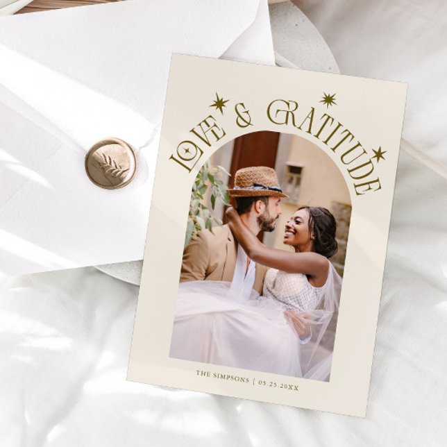 Love & Gratitude Minimalist Wedding Photo Cream Thank You Card (Creator Uploaded)