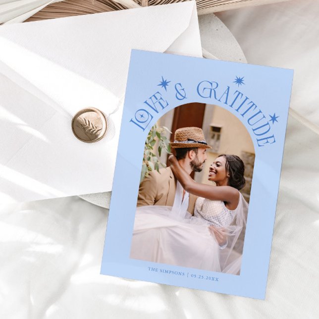 Love & Gratitude Minimalist Wedding Photo Icy Blue Thank You Card (Creator Uploaded)