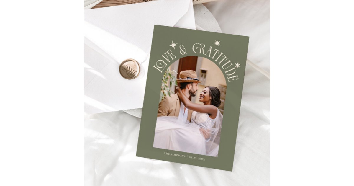 Love & Gratitude Minimalist Wedding Photo Sage Thank You Card | Zazzle