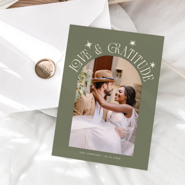 Love & Gratitude Minimalist Wedding Photo Sage Thank You Card (Creator Uploaded)