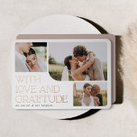 Love & Gratitude Rose Gold Foil Thank You Card<br><div class="desc">Elegant wedding thank you cards feature a trio of wedding photos in organic rounded shapes for a modern boho look. "With love and gratitude" appears at the lower left corner in rose gold foil serif lettering,  with your names beneath. Add a personal message and signature to the back.</div>