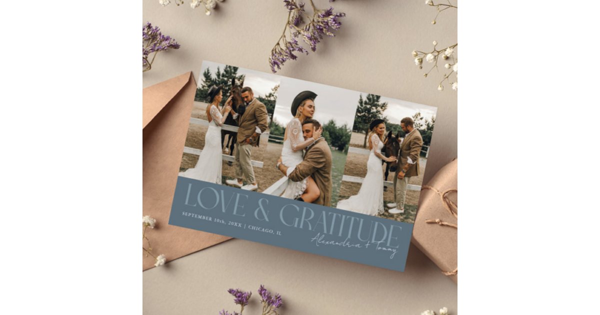 Love & Gratitude Slate Blue Wedding Multi Photo Thank You Card | Zazzle