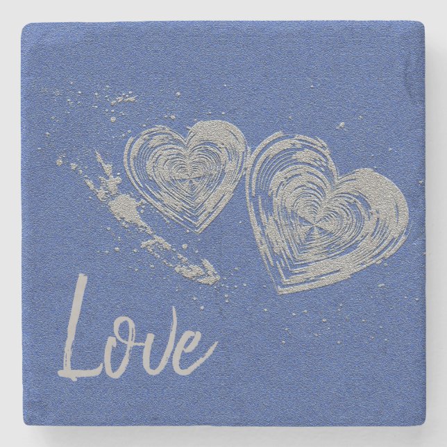 "LOVE", Gray Hearts, Square Marble Stone Coaster (Front)
