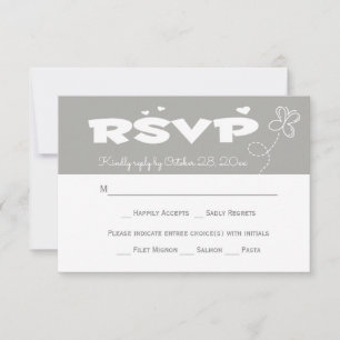 Love Gray & White RSVP Butterfly & Hearts Wedding Card