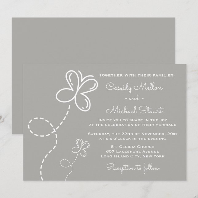 Love Gray & White Wedding  Hearts and Butterflies Invitation (Front/Back)