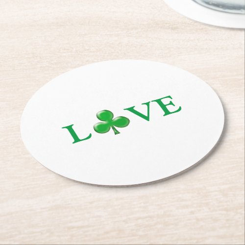 Love Green Clover shamrock St Patricks Day   Round Paper Coaster
